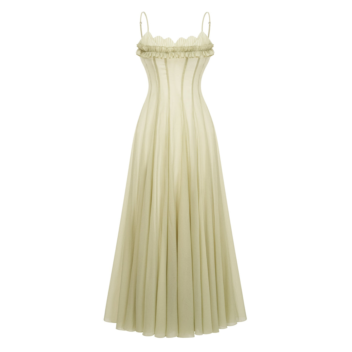 Aurohaya Matcha Ruffled Shirred Tulle Maxi Dress