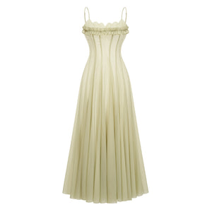 Aurohaya Matcha Ruffled Shirred Tulle Maxi Dress