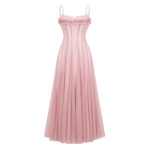 Aurohaya Sakura Ruffled Shirred Tulle Maxi Dress