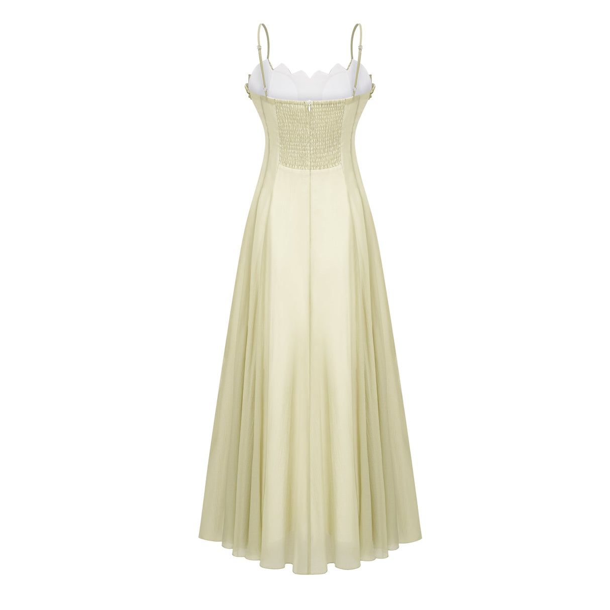 Aurohaya Matcha Ruffled Shirred Tulle Maxi Dress