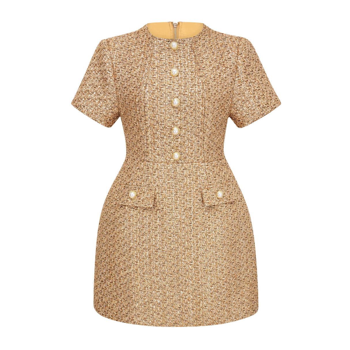 Aurohaya Arna Gold Round Neck Tweed Mini Dress