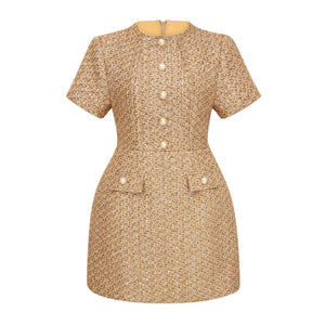 Aurohaya Arna Gold Round Neck Tweed Mini Dress