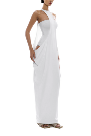 Aurohaya Elowen White Halter Neck Draped Maxi Dress