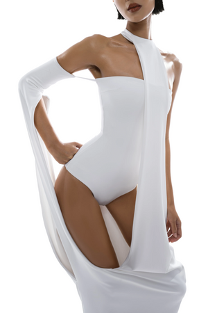 Aurohaya Elowen White Halter Neck Draped Maxi Dress