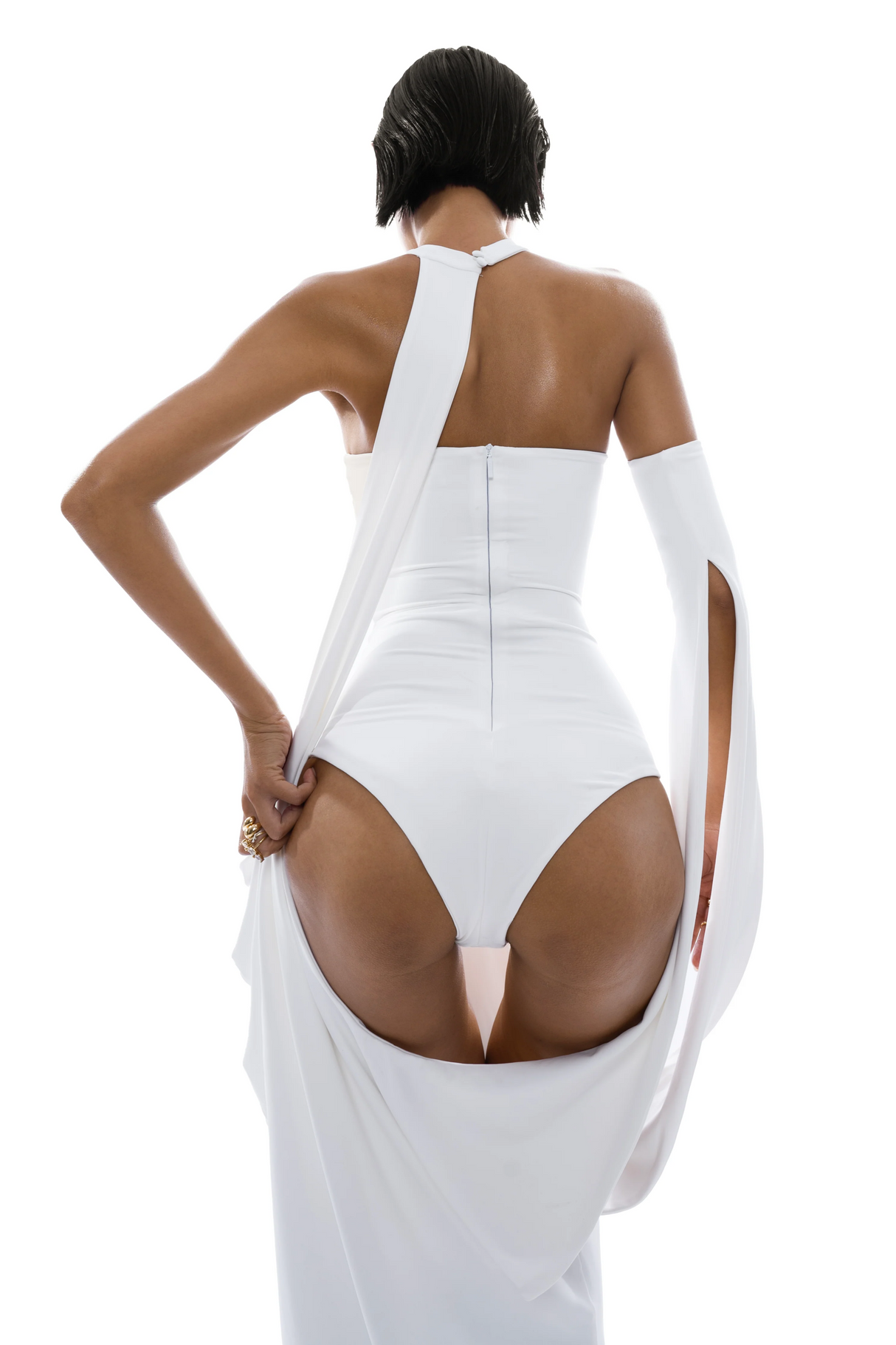 Aurohaya Elowen White Halter Neck Draped Maxi Dress