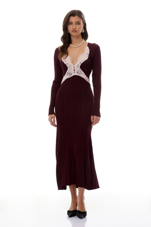 Aurohaya Dagný Burgundy Lace Trim Knit Midi Dress