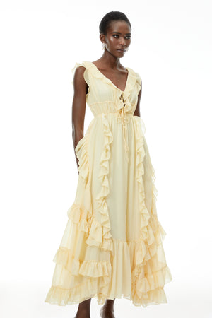 Aurohaya Dahlia Yellow Ruffled Maxi Dress with Lace-Up Detail