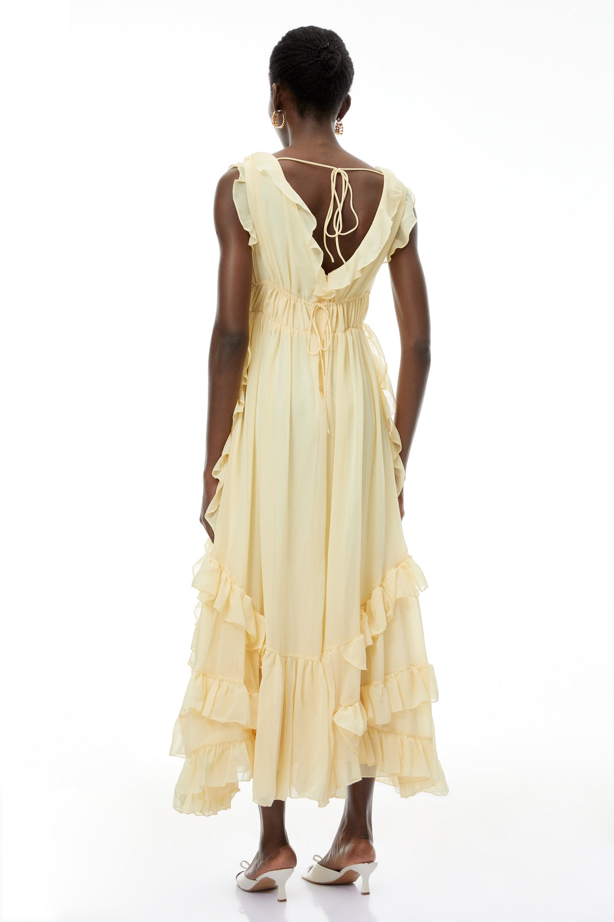 Aurohaya Dahlia Yellow Ruffled Maxi Dress with Lace-Up Detail