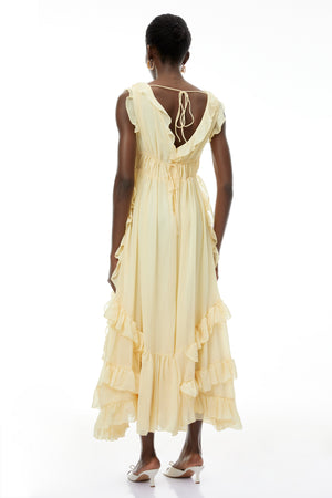 Aurohaya Dahlia Yellow Ruffled Maxi Dress with Lace-Up Detail