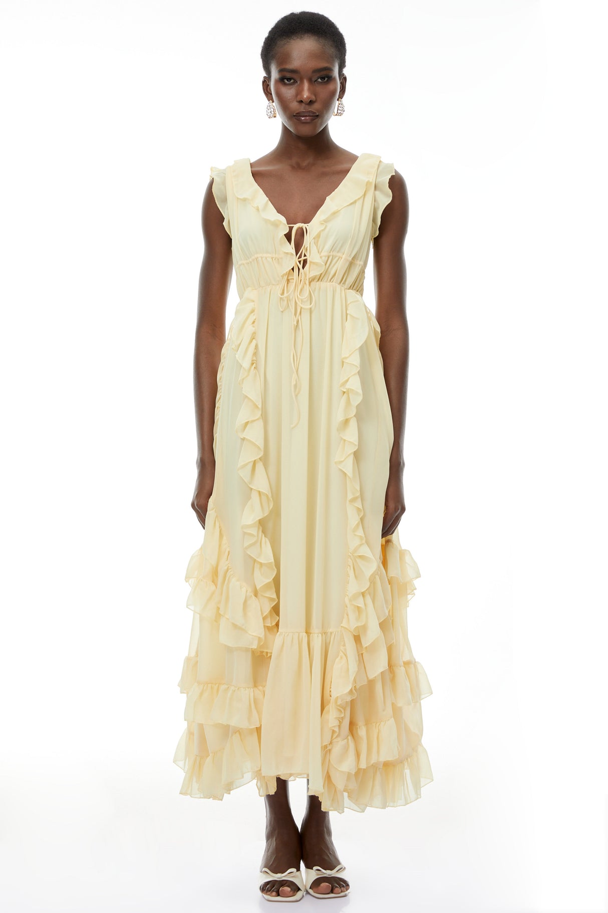 Aurohaya Dahlia Yellow Ruffled Maxi Dress with Lace-Up Detail