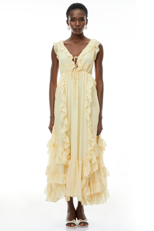 Aurohaya Dahlia Yellow Ruffled Maxi Dress with Lace-Up Detail
