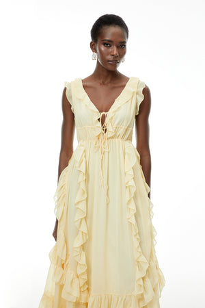 Aurohaya Dahlia Yellow Ruffled Maxi Dress with Lace-Up Detail