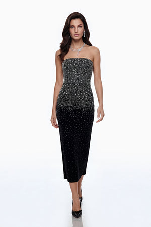 Aurohaya Daisy Black Rhinestone Midi Dress