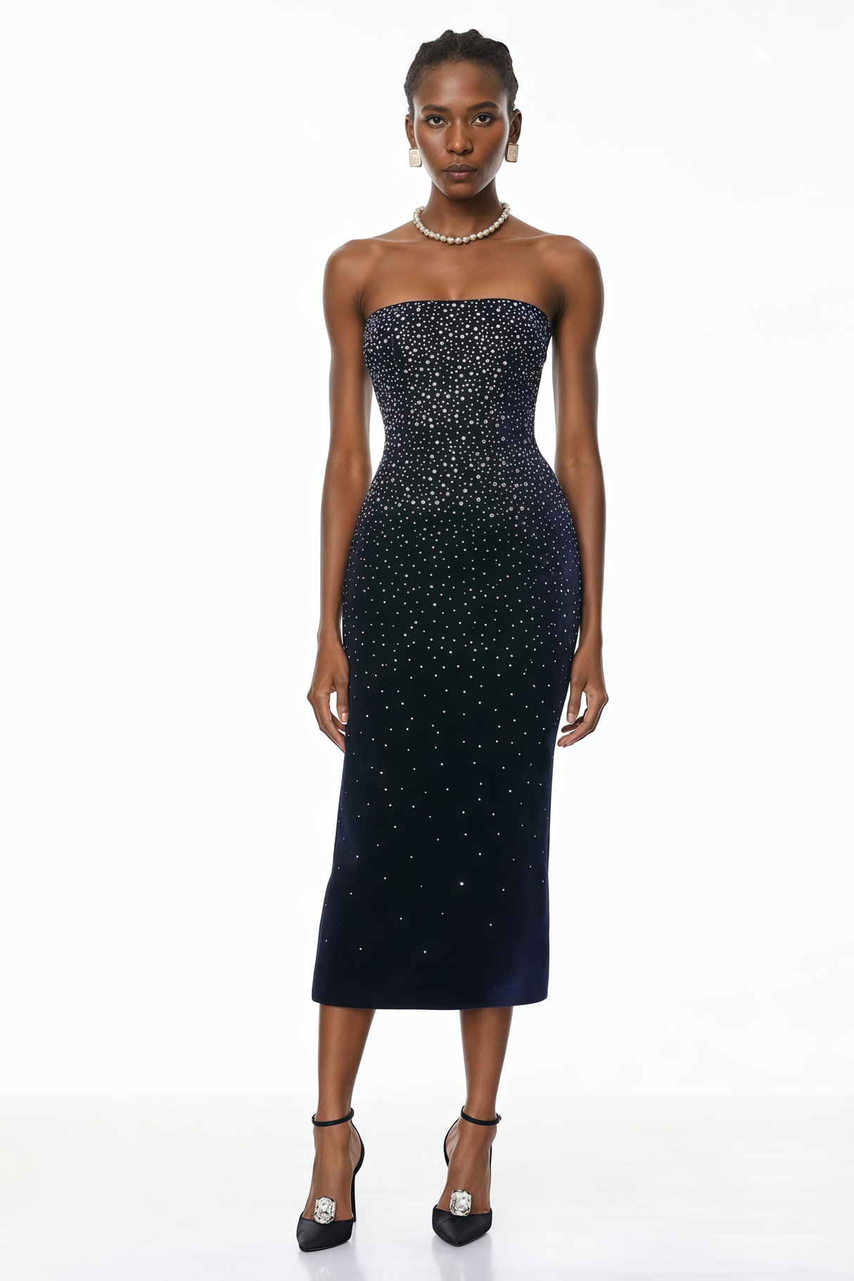 Aurohaya Daisy Black Rhinestone Midi Dress