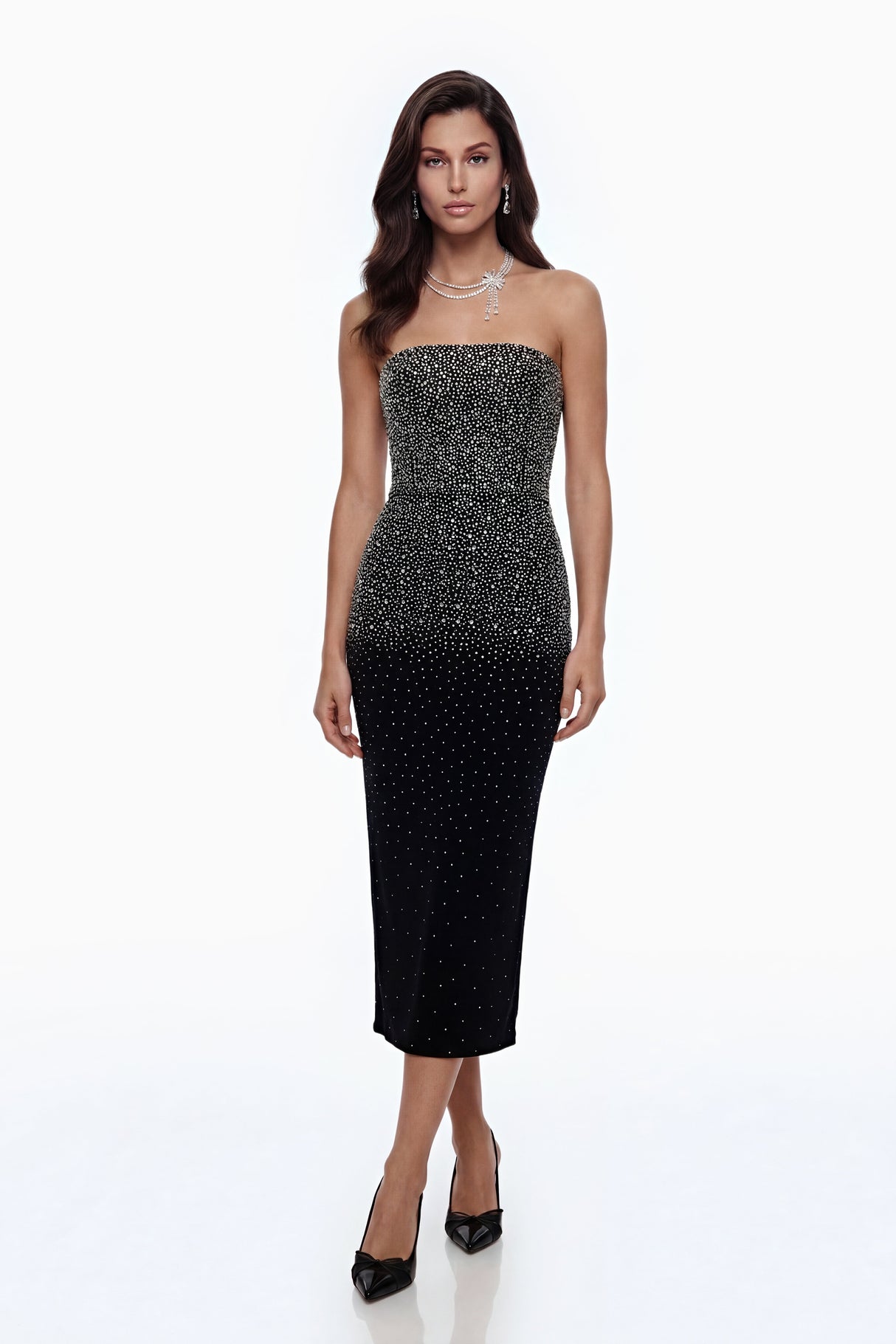 Aurohaya Daisy Black Rhinestone Midi Dress