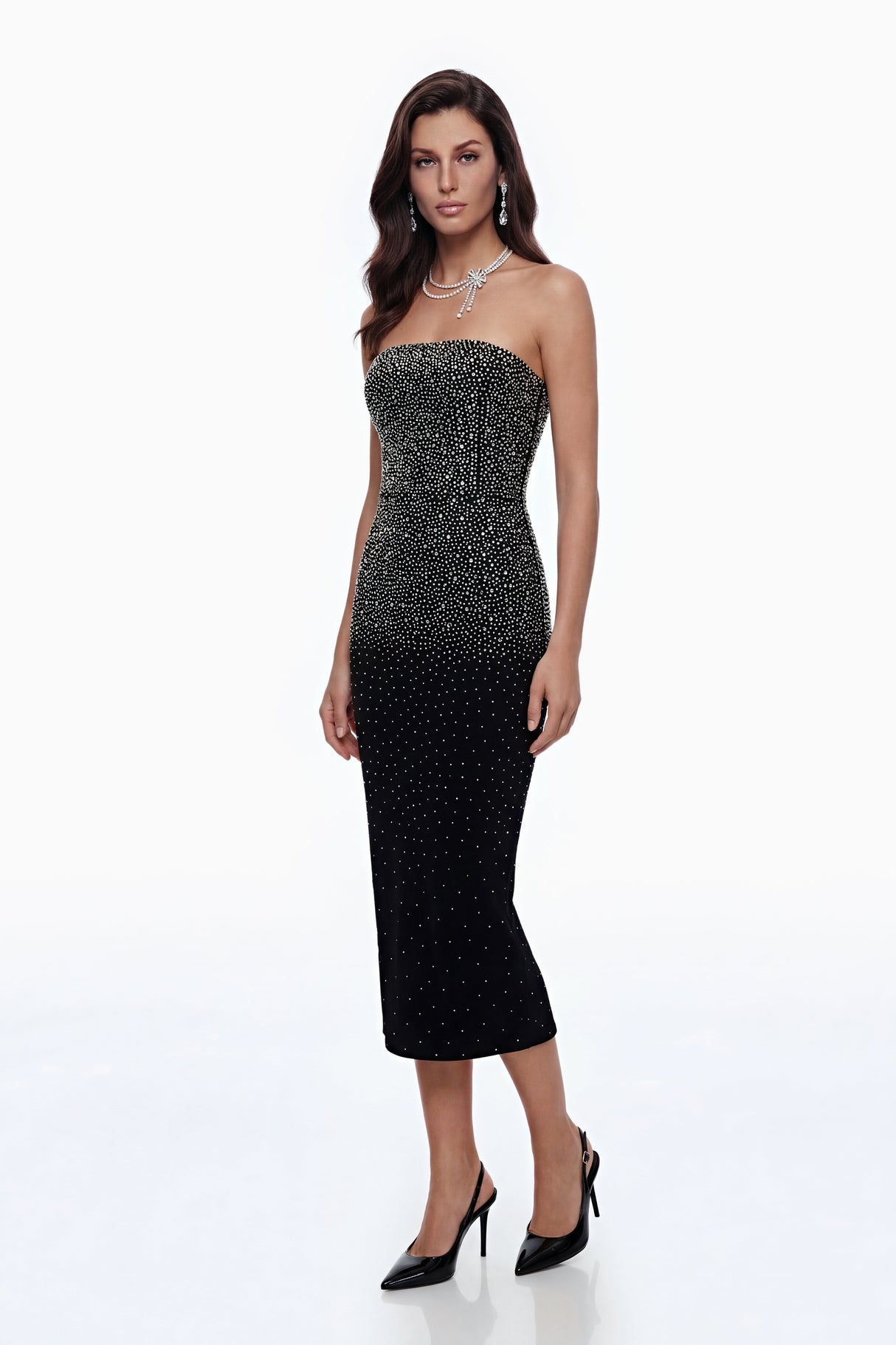 Aurohaya Daisy Black Rhinestone Midi Dress