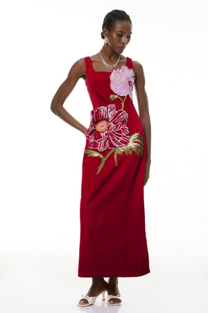 Aurohaya Damaris Red Floral Embroidered Maxi Dress