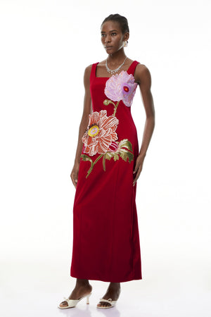 Aurohaya Damaris Red Floral Embroidered Maxi Dress