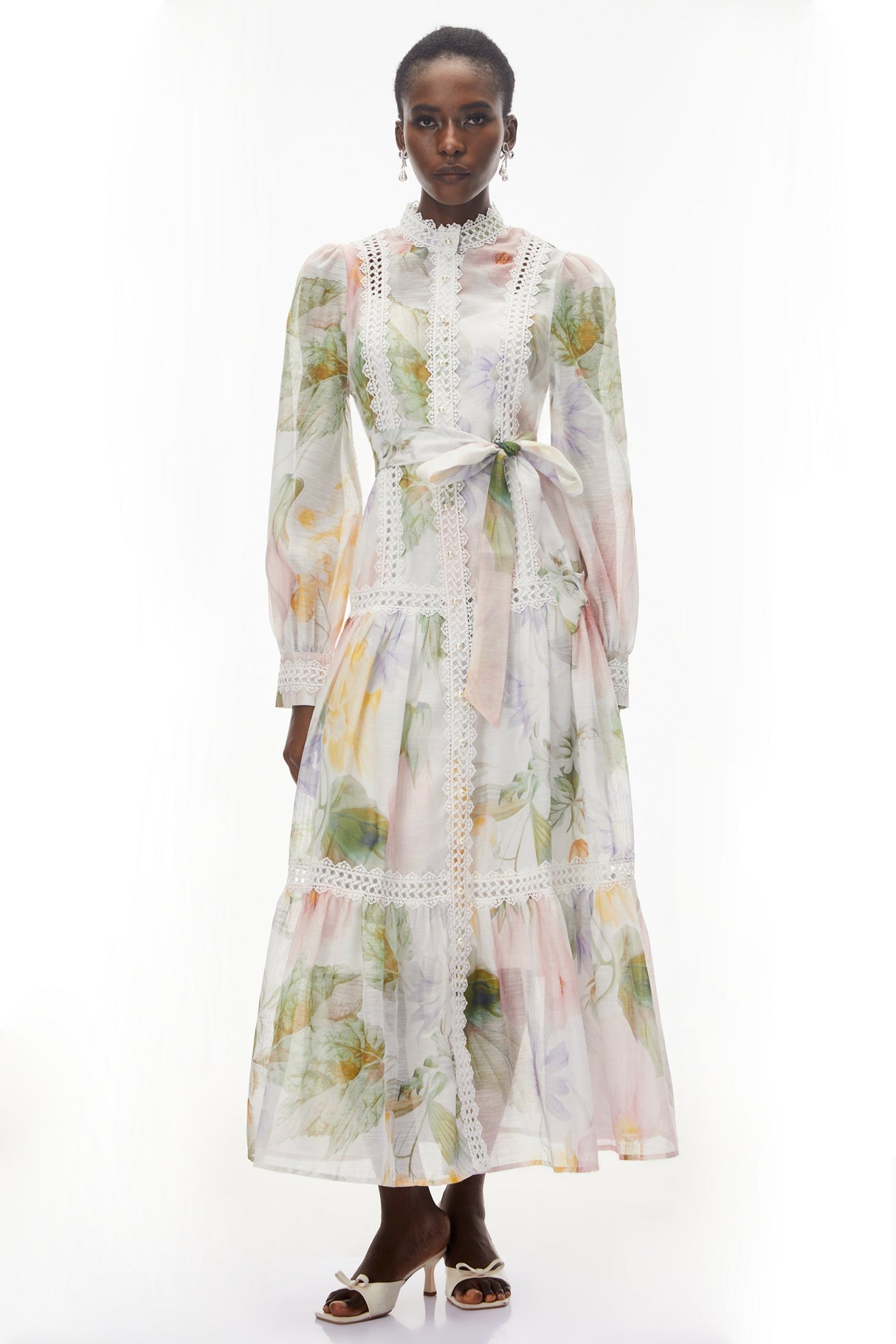 Aurohaya Danae White Floral Print Midi Dress with Lace Trim