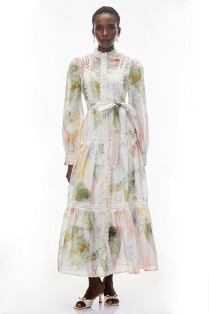 Aurohaya Danae White Floral Print Midi Dress with Lace Trim