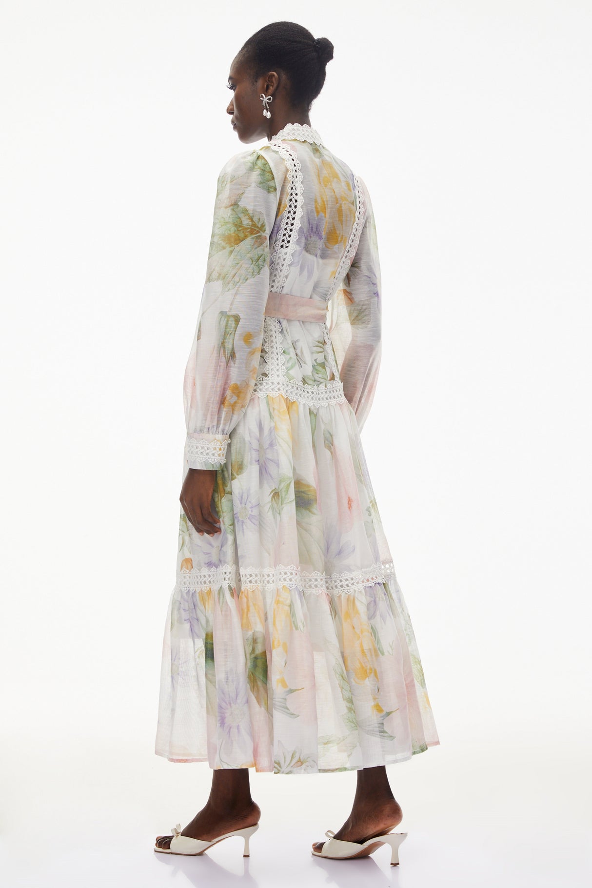 Aurohaya Danae White Floral Print Midi Dress with Lace Trim