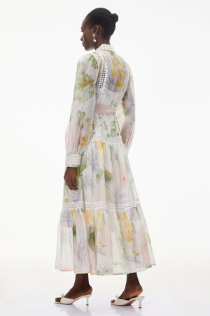 Aurohaya Danae White Floral Print Midi Dress with Lace Trim