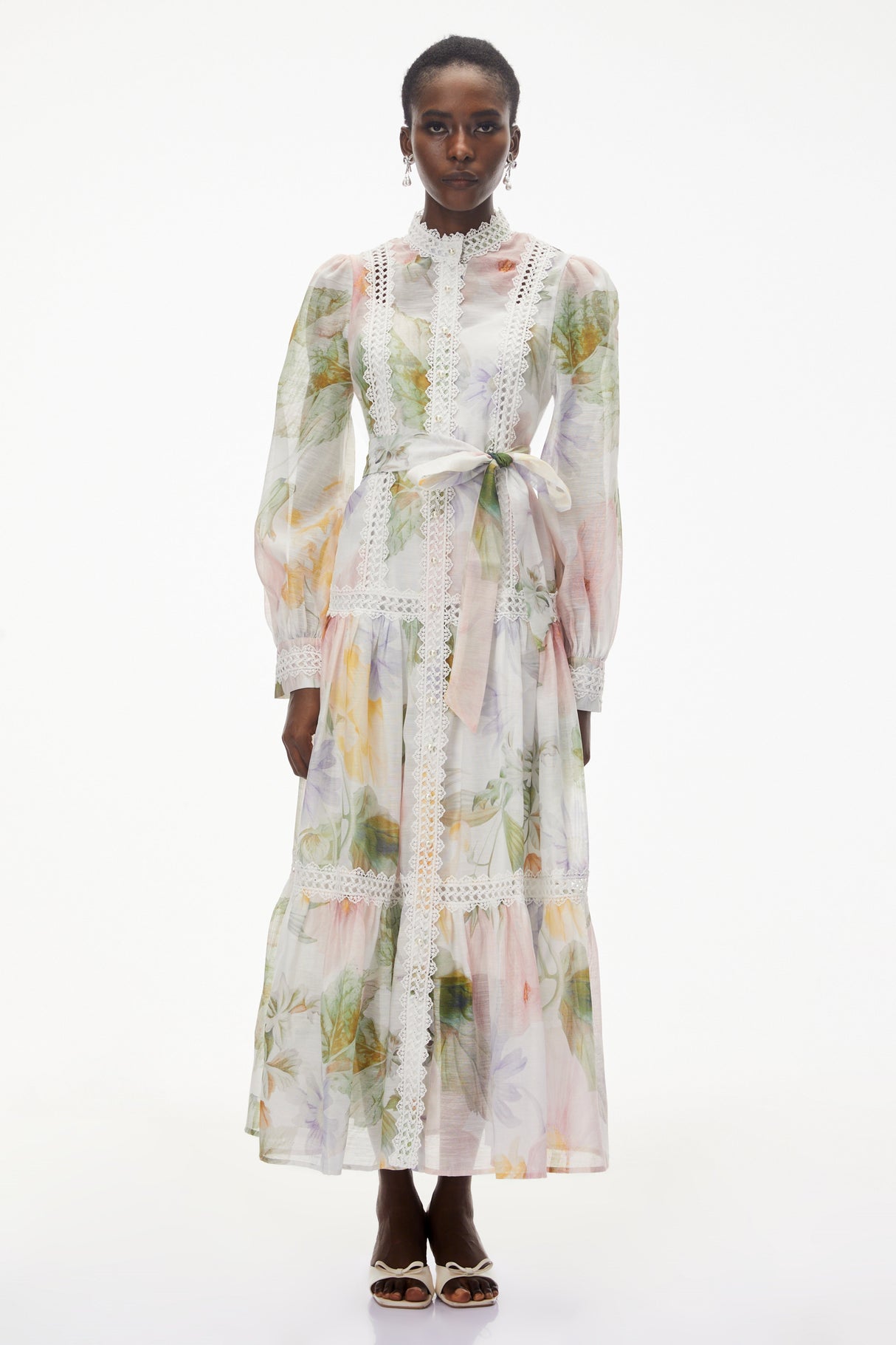 Aurohaya Danae White Floral Print Midi Dress with Lace Trim