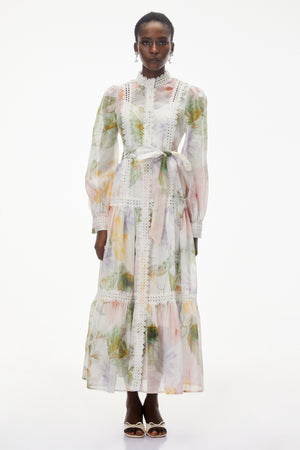 Aurohaya Danae White Floral Print Midi Dress with Lace Trim