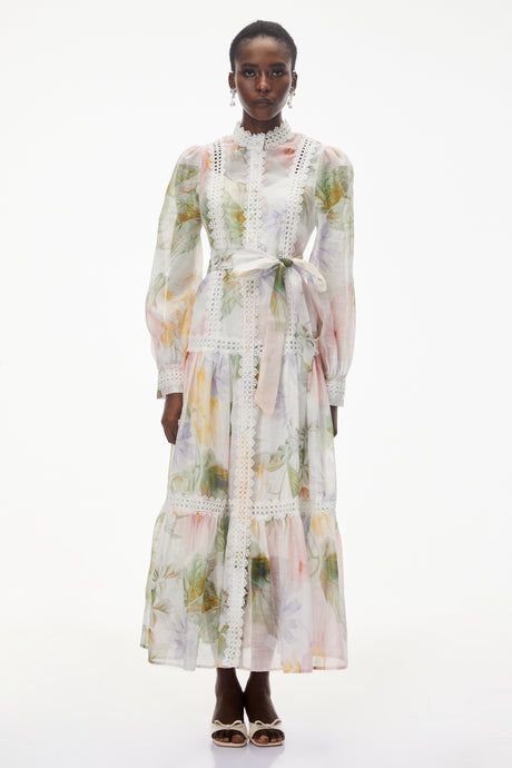 Aurohaya Danae White Floral Print Midi Dress with Lace Trim