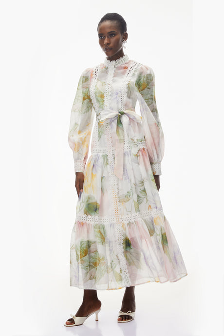 Aurohaya Danae White Floral Print Midi Dress with Lace Trim