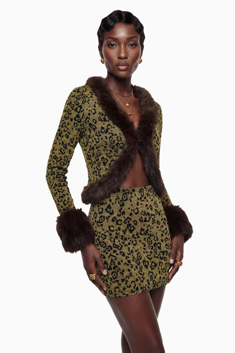 Aurohaya Danica Yellow Fur Trim Leopard Top & Skirt Set