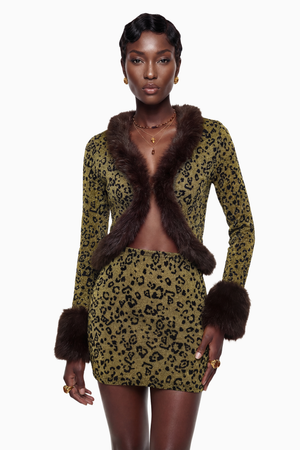 Aurohaya Danica Yellow Fur Trim Leopard Top & Skirt Set