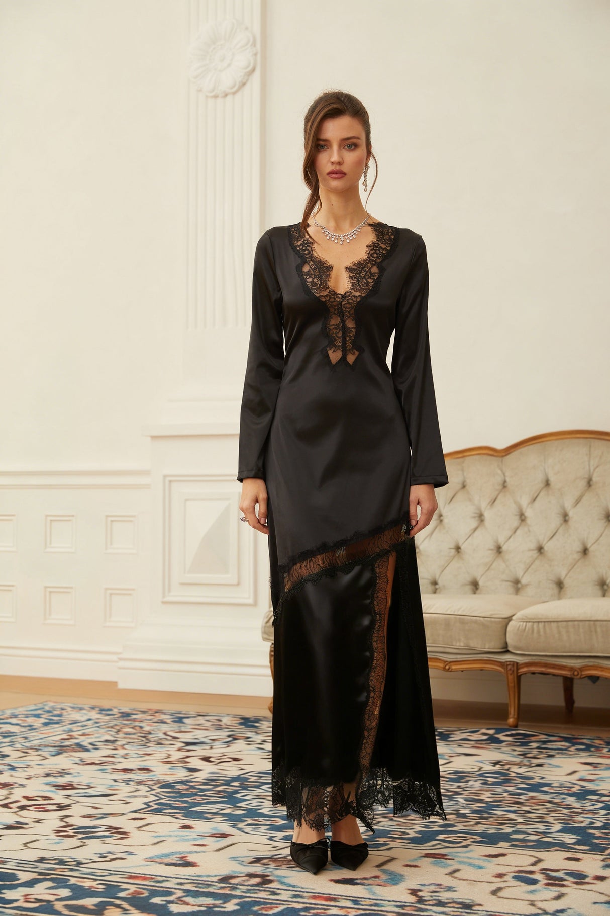 Aurohaya Raphaëlle Black Lace Panel Satin Maxi Dress