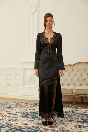 Aurohaya Raphaëlle Black Lace Panel Satin Maxi Dress