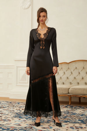 Aurohaya Raphaëlle Black Lace Panel Satin Maxi Dress