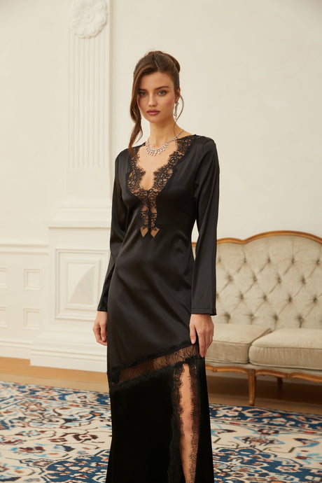 Aurohaya Raphaëlle Black Lace Panel Satin Maxi Dress