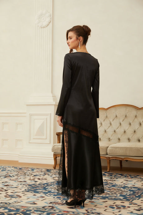 Aurohaya Raphaëlle Black Lace Panel Satin Maxi Dress