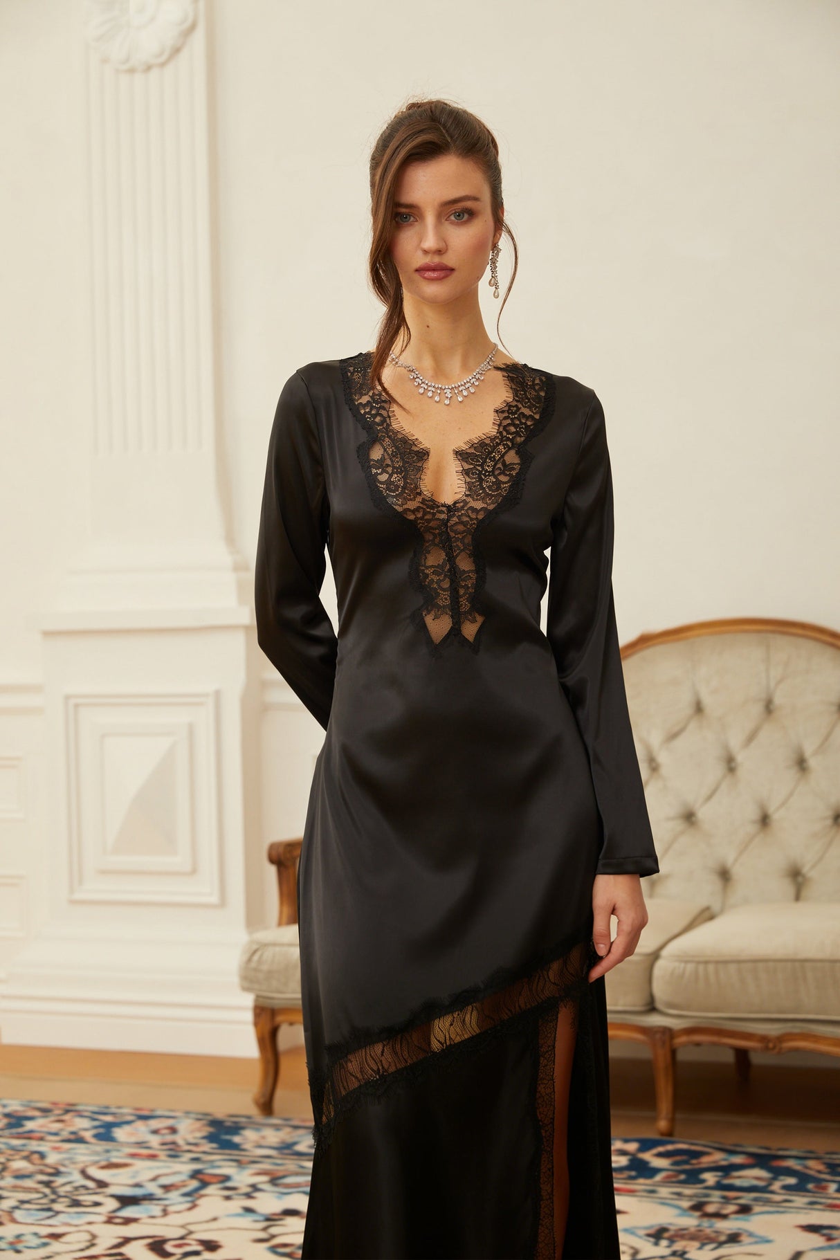 Aurohaya Raphaëlle Black Lace Panel Satin Maxi Dress