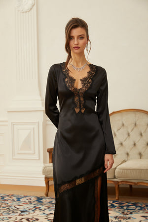Aurohaya Raphaëlle Black Lace Panel Satin Maxi Dress
