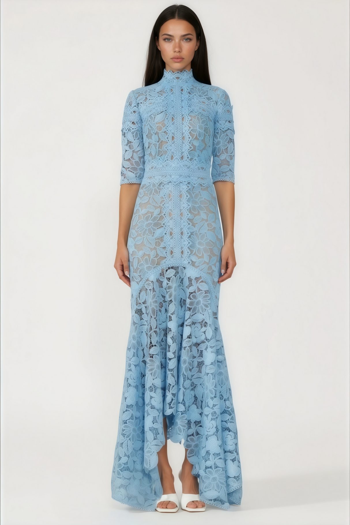 Aurohaya Daniela Blue Floral Lace Mermaid Maxi Dress