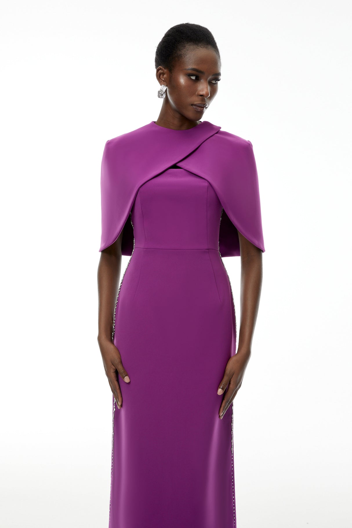 Aurohaya Darcie Purple Beaded Cape Design Maxi Gown