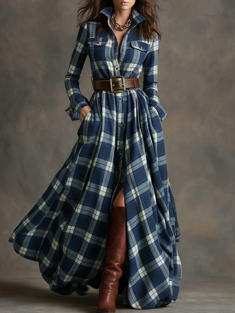 Aurohaya Retro Lapel Plaid Single-Breasted Maxi Dress