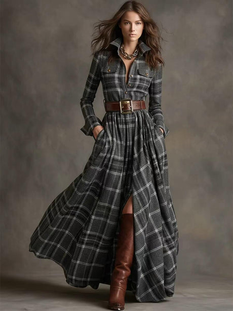 Aurohaya Retro Lapel Plaid Single-Breasted Maxi Dress Dark Gray