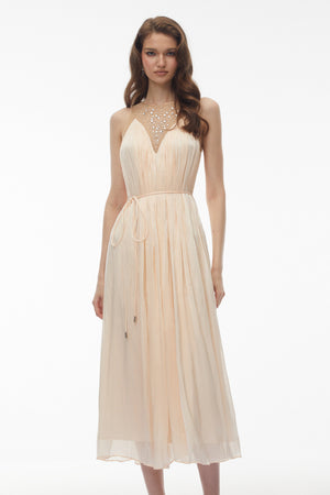 Aurohaya Deirdre Pink Embellishment Ruched Midi Dress