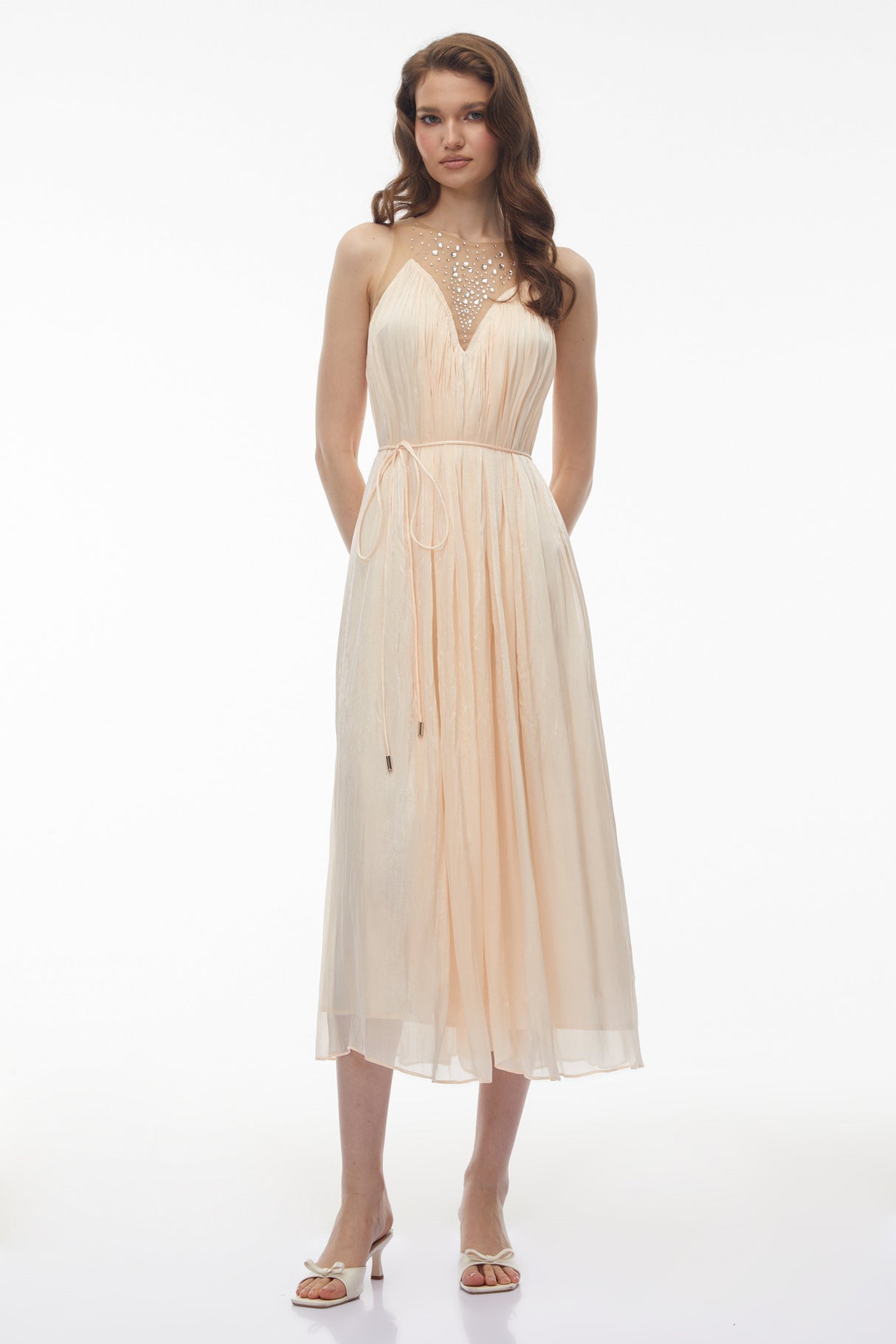 Aurohaya Deirdre Pink Embellishment Ruched Midi Dress