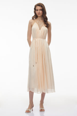 Aurohaya Deirdre Pink Embellishment Ruched Midi Dress