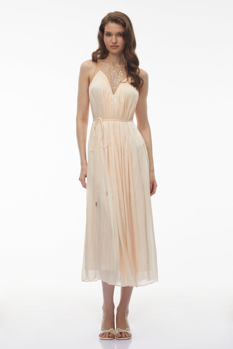 Aurohaya Deirdre Pink Embellishment Ruched Midi Dress