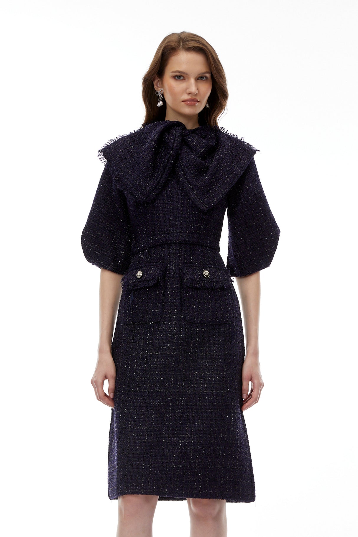 Aurohaya Demetria Blue Tweed Midi Dress with Bow