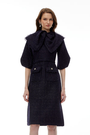 Aurohaya Demetria Blue Tweed Midi Dress with Bow