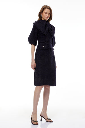 Aurohaya Demetria Blue Tweed Midi Dress with Bow